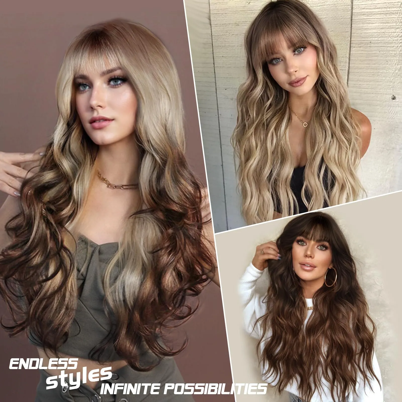 Loose 26inches Blonde Brown Large Waves Wig Full Frontal Closure Wig Omber with Bangs for Black Women Brazilian Full Bone Preplucked Hairline Cheap Wi