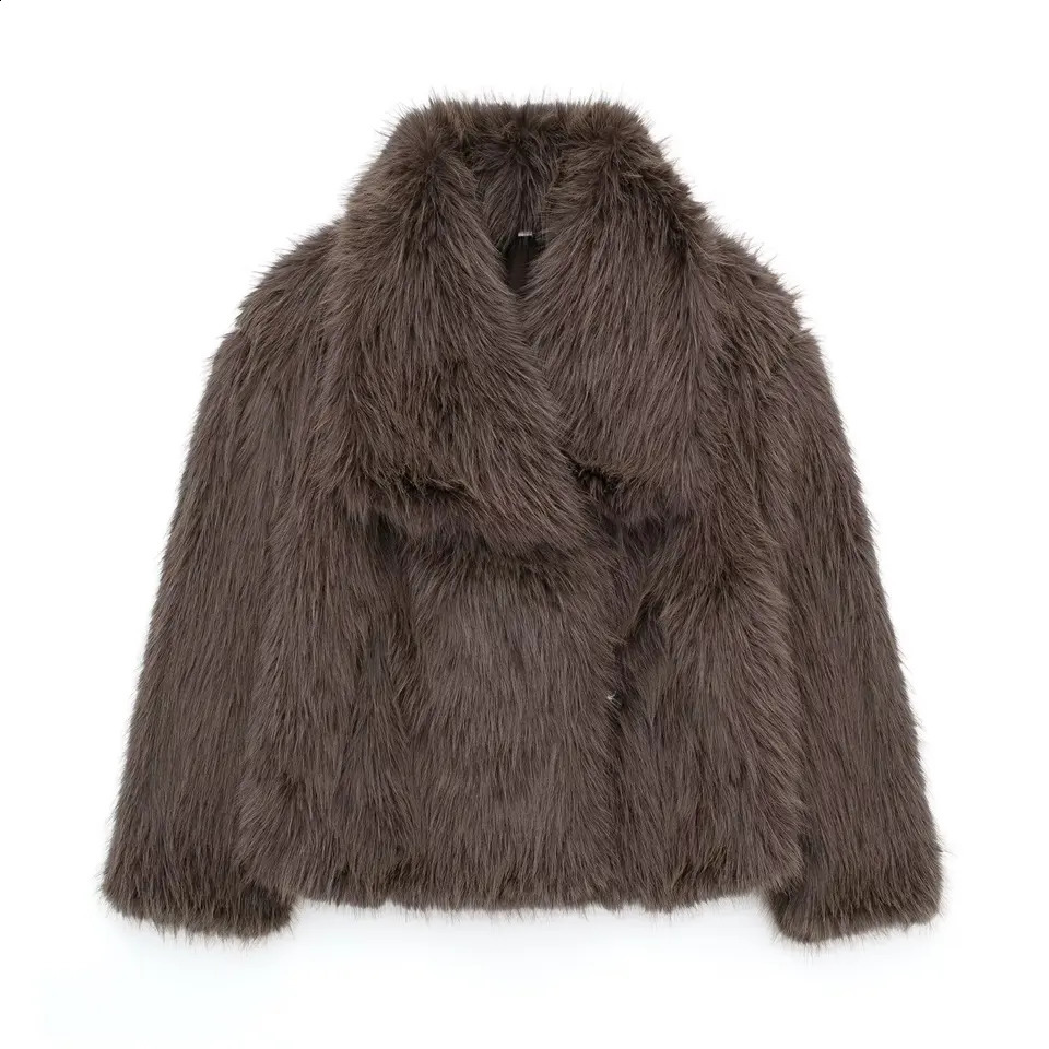 TRAFZA Casual Brown Thick Fur Jackets Women Long Sleeve V Neck Autumn Winter Faux Coats Fashion Streetwear Outwears 241120