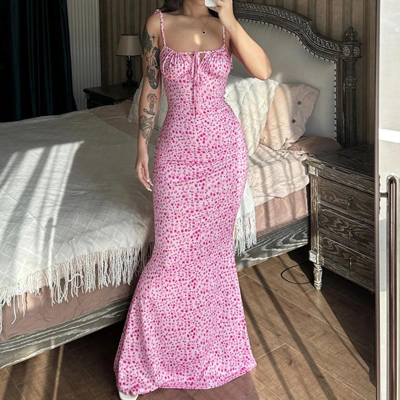Casual Dresses Y2K Floral Print Spaghetti Strap Bodycon Sundress Deep V Neck Long Dress Sexy Backless Summer Streetwear