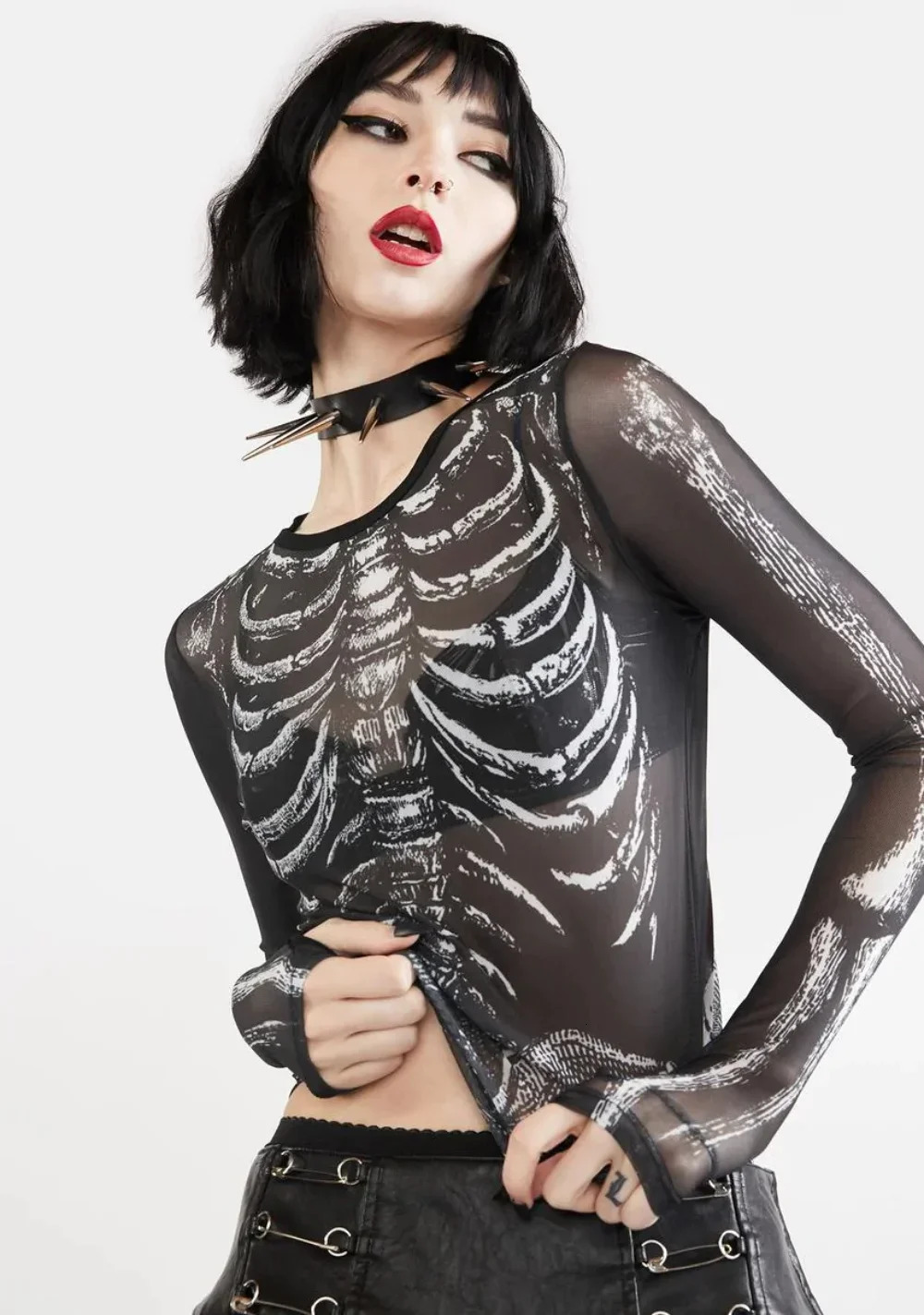 Sexy Crop Top Y2K Vintage Harajuku Graphic Print Mesh Sheer T-shirt Long Flare Sleeve Slim Fit Women Emo Clothes 90s Aesthetic 240409