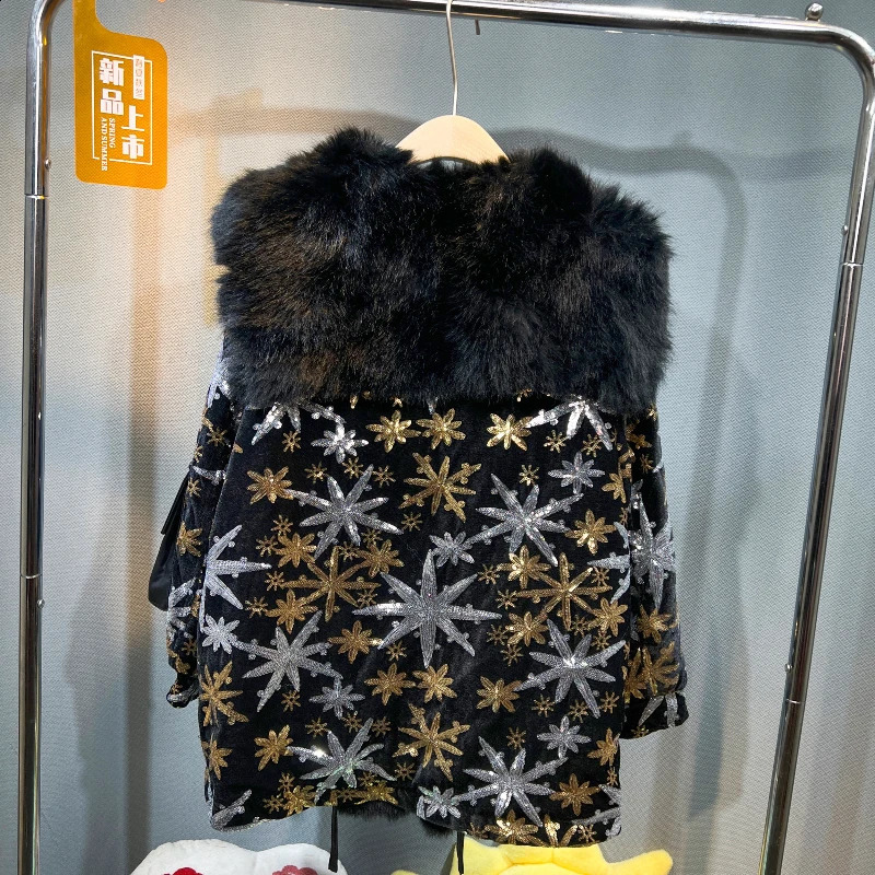 Winter Sequins Shawl Faux Woolen Coat With Big Fur Collar For Women