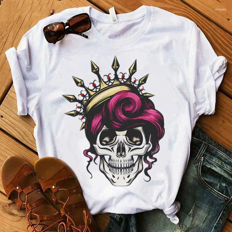 Womens T Shirts Halloween Cloth Crown Skull Funny Graphic T-shirt 2024 Fashion Style O Neck 90S Shirt Girl Casual Short Sleeve Printed