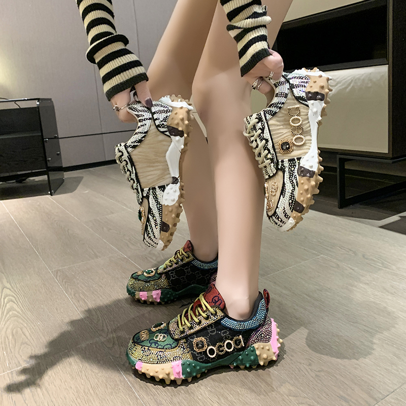 Luxury Women's Shoes Rhinestone Mixed colors Sports Shoes Diamond Breathable Designer Thick Soled Casual Shoes High-quality and Comfortable Outdo