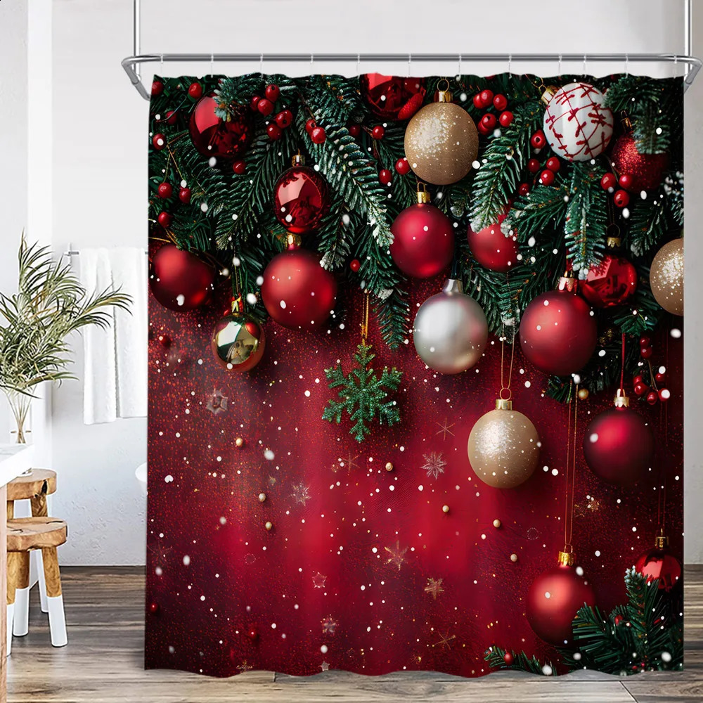 Chritsmas Shower Curtain Red Silvery Ball Xmas Balls Snowflake Pine Leaves Merry Christmas Winter Polyestert Bath Curtain Decor 241119