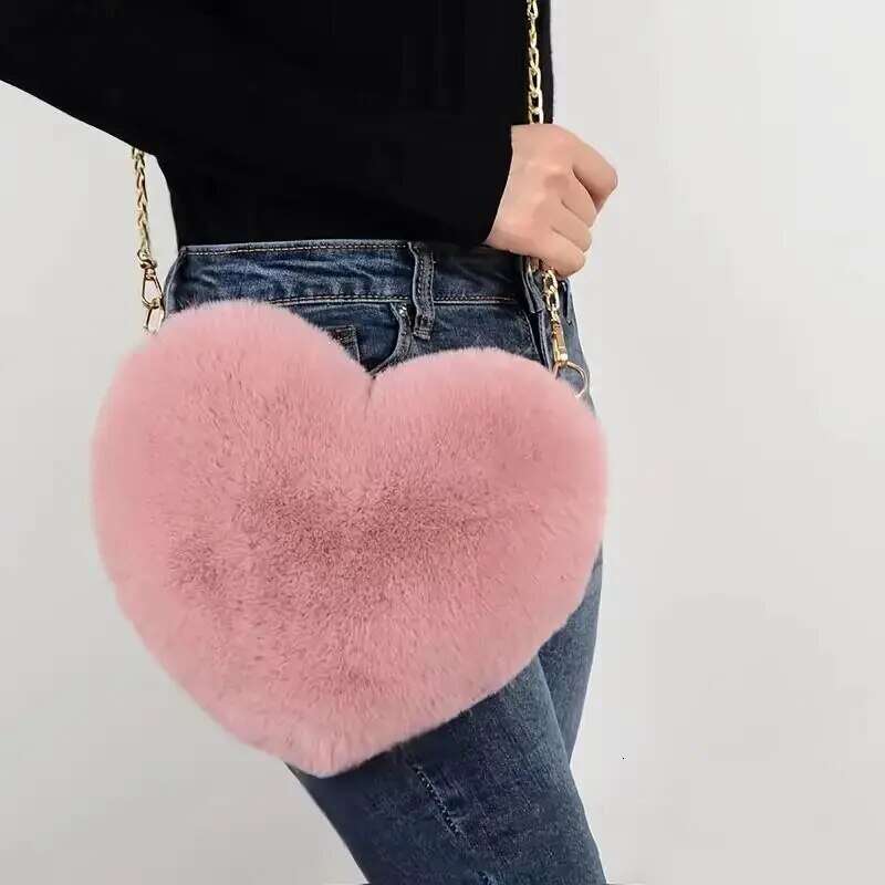 Heart Shaped Fluffy Shoulder Fashion Chain Crossbody Bag Plush Handbag Cute Zipper Purse For Valentine's Day