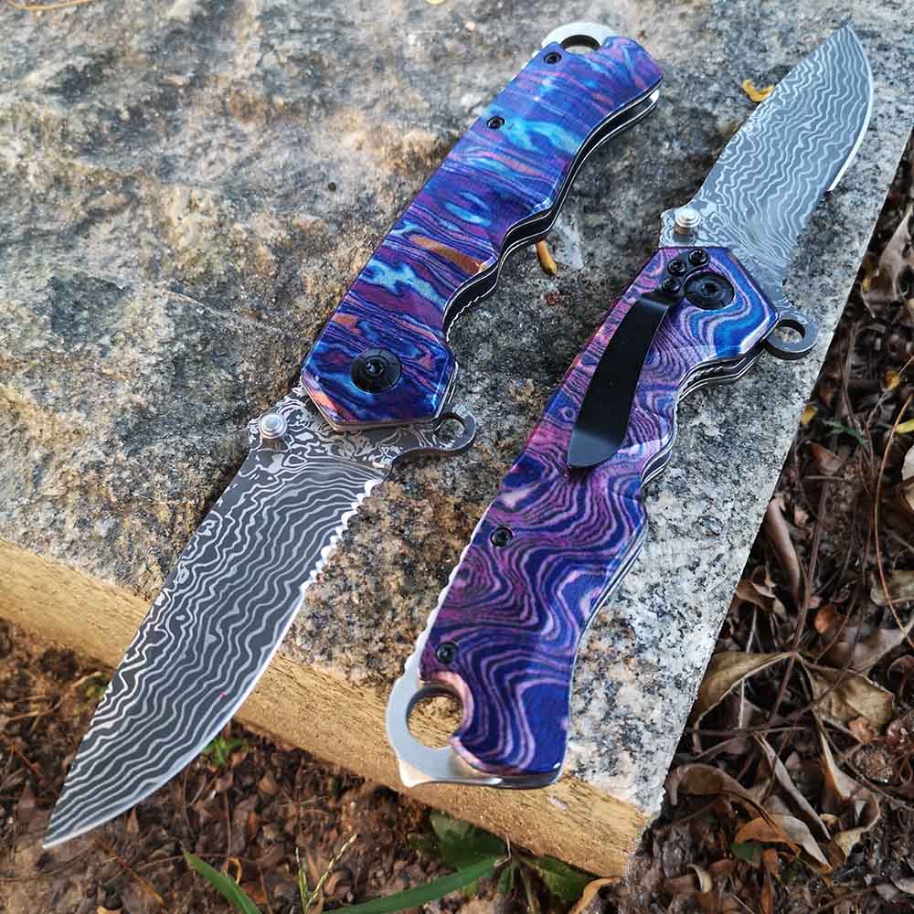 olding Blade Knife Tacticfal F,Prime Quality Knife,Damascus Blade 3D Rainbow Handle,Good for Collection and Outdoor Survival Hunting Camping Hiking HE