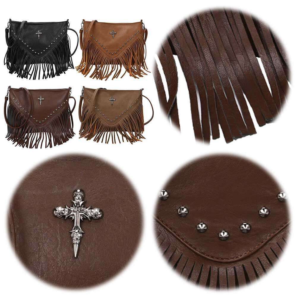Women PU Rivet Fringe Large Capacity Vintage Small Handbag Adjustable Strap Tassel Hobo Bag for Party Vacation