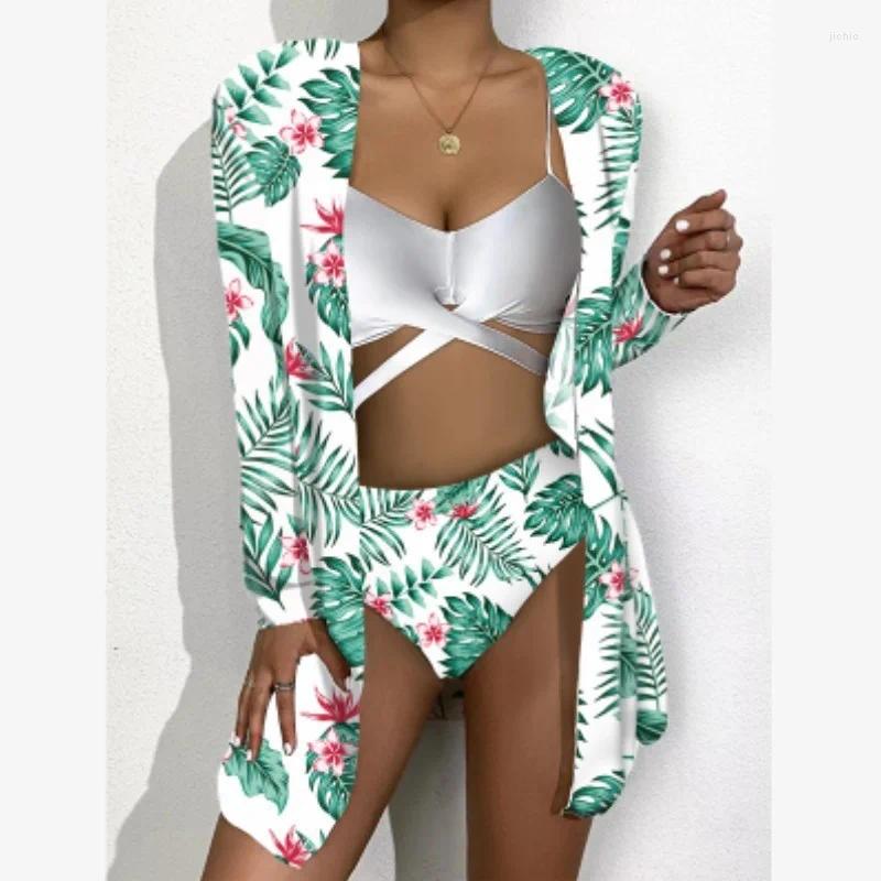 Womens Swimwear 2024 Mesh Three Piece Sunscreen Digital Print Loose Top