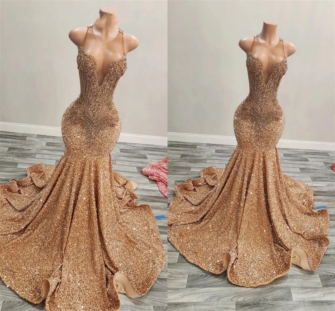 Stunning Gold Sequined Beads Prom Dress For Black Girls 2024 Halter Neck Crystals Birthday Party Dresses Evening Gowns Robe De Bal BC18640
