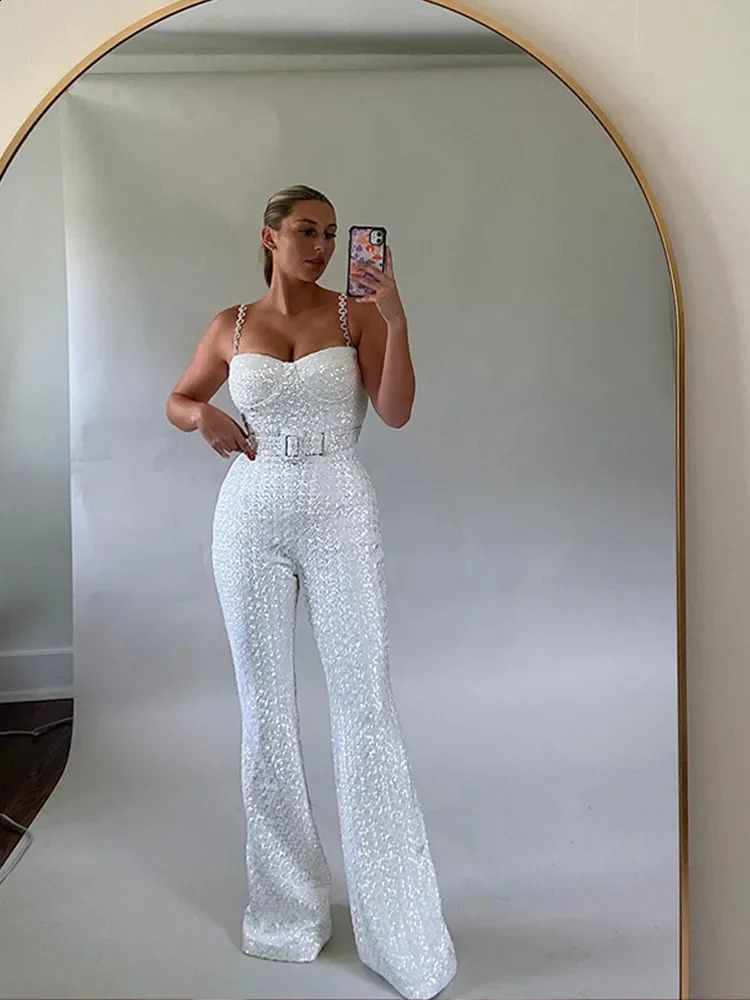 Fashion Wide Leg Sequin Jumpsuits Women Autumn Backless Sleeveless Overall with Belt Female Elegant High Waist Chic Streetwear 241119