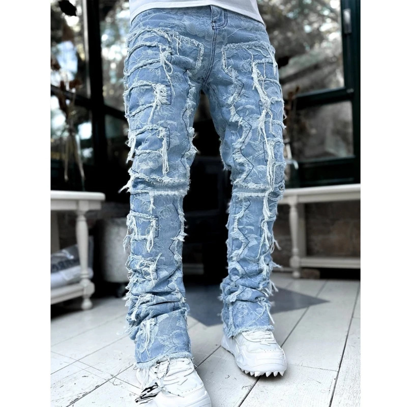 E15E Mens Stacked Jeans Fit Ripped Destroyed Straight Denims Pants Vintage Hip Hop Trouser Streetwear 240415