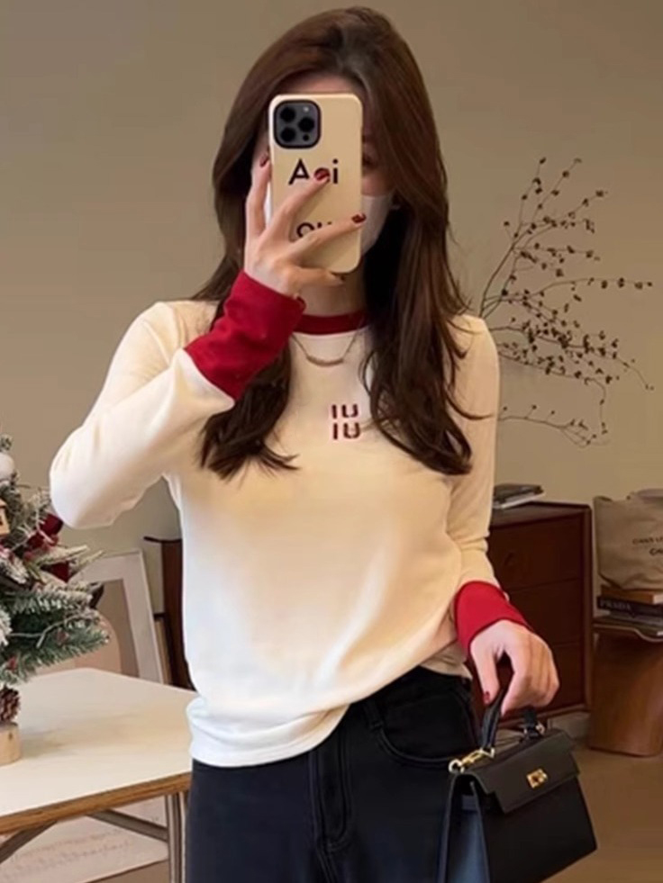 Women's T-Shirts Sanding Bottoming Shirt Spring Autumn Round Neck Color Matching T-shirt With Slim Long-Sleeved Padded Tops