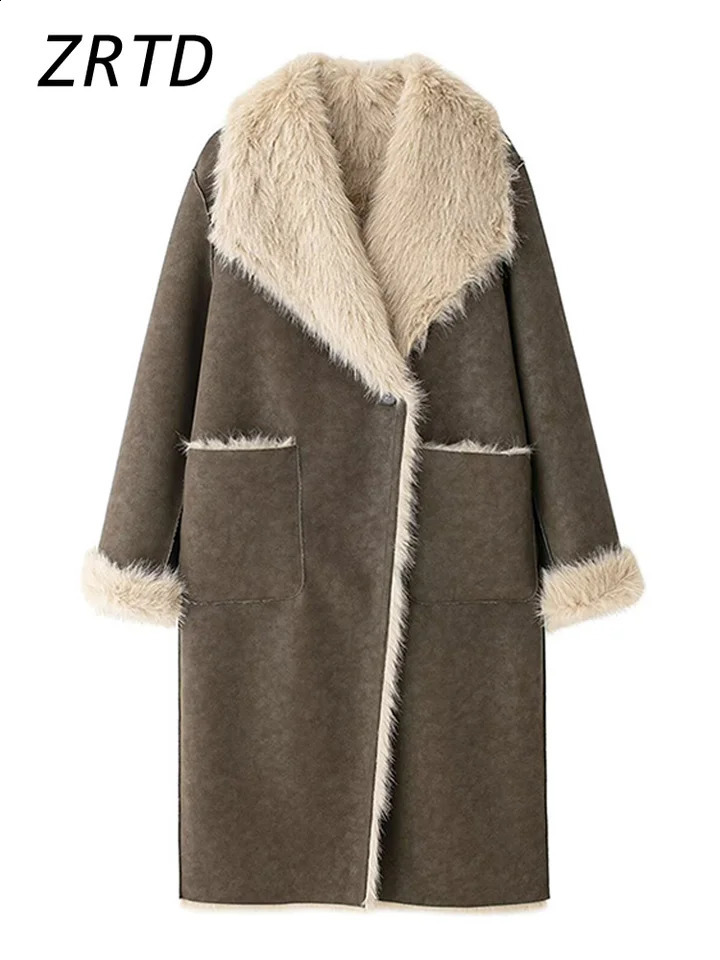 Elegant Womens Suede Fleece Lining Trench Coat Lapel One Button Full Sleeve Long Overcoat 2024 Winter Lady Reversible Outwear 241119