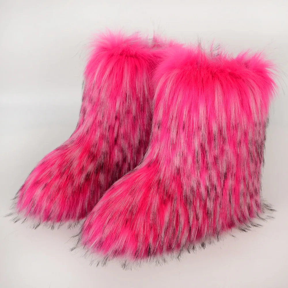 2024 New Winter Faux Fur Boots Women Warm Fluffy Snow Boots Luxury Footwear Female Furry Fox Fur Bottes Fashion Winter Shoes