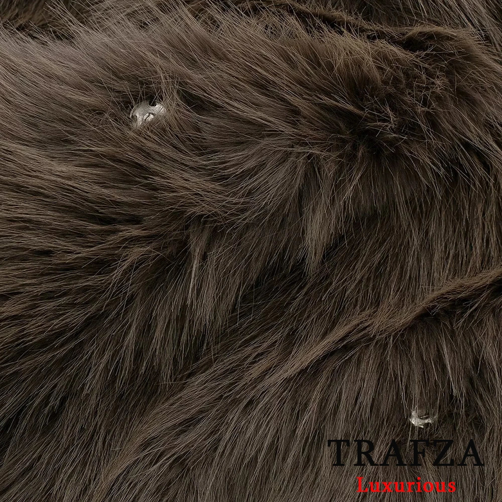 TRAFZA Casual Brown Thick Fur Jackets Women Long Sleeve V Neck Autumn Winter Faux Coats Fashion Streetwear Outwears 241120