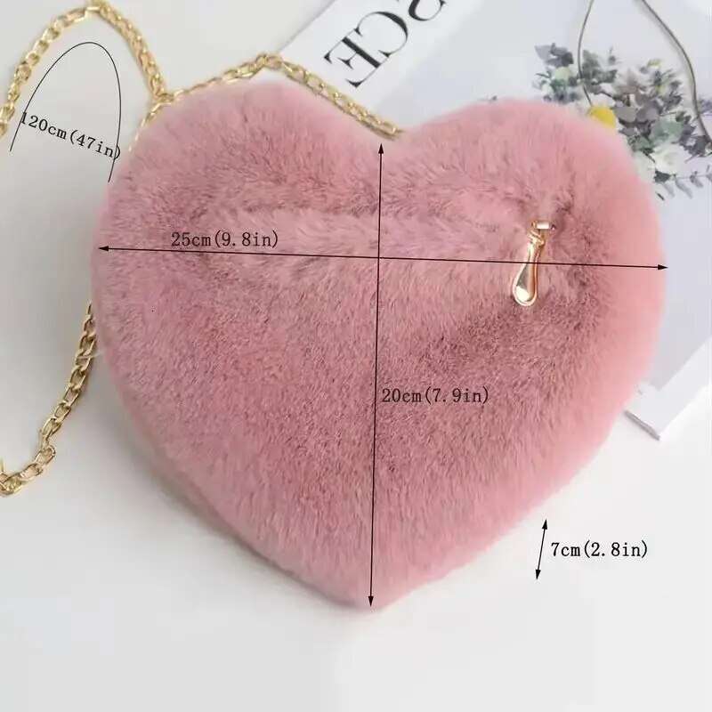 Heart Shaped Fluffy Shoulder Fashion Chain Crossbody Bag Plush Handbag Cute Zipper Purse For Valentine's Day