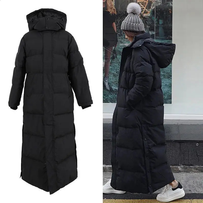 Down Parka Jacket Winter Black Extra Long Over Knee Womens Hooded Solid Color Pocket Thickened Warm Coat Women 241119