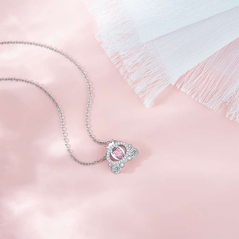 Fashionable Women's Pumpkin Carriage Charm Necklace Featuring Lovely Pink Zircon Stones and Durable Stainless Steel