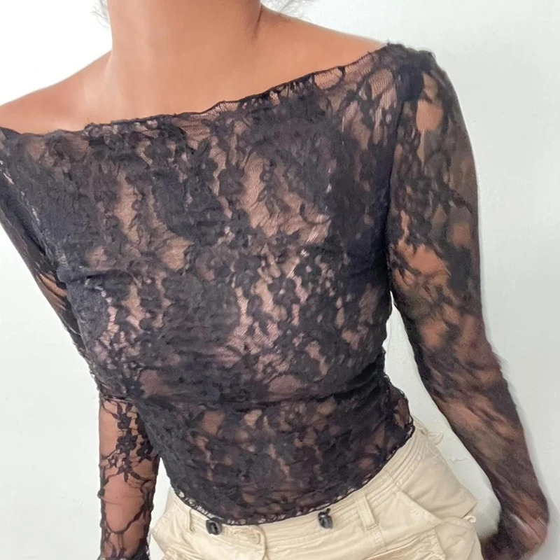 Chic Women Long Sleeve T-shirt 90s Vintage Fairy Coquette Floral Lace Sheer Crop Tops Sexy See Through Tees Y2K Streetwear 240409