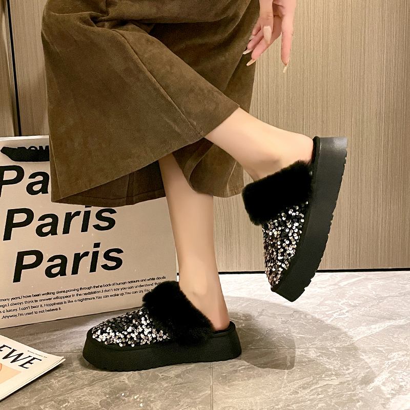 Winter New Warm 4.5CM Platform slipper Black Bling Sequined Cloth Wool Lined Women Fashion Warm shoes Luxurious shiny Cotton boots High quality home c