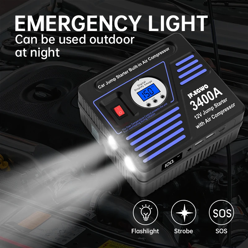JF.EGWO 24000mAh Car Jump Starter With Air Compressor 150PSI Tire Inflator 3400A Auto Engine Battery Charger Booster Power Bank