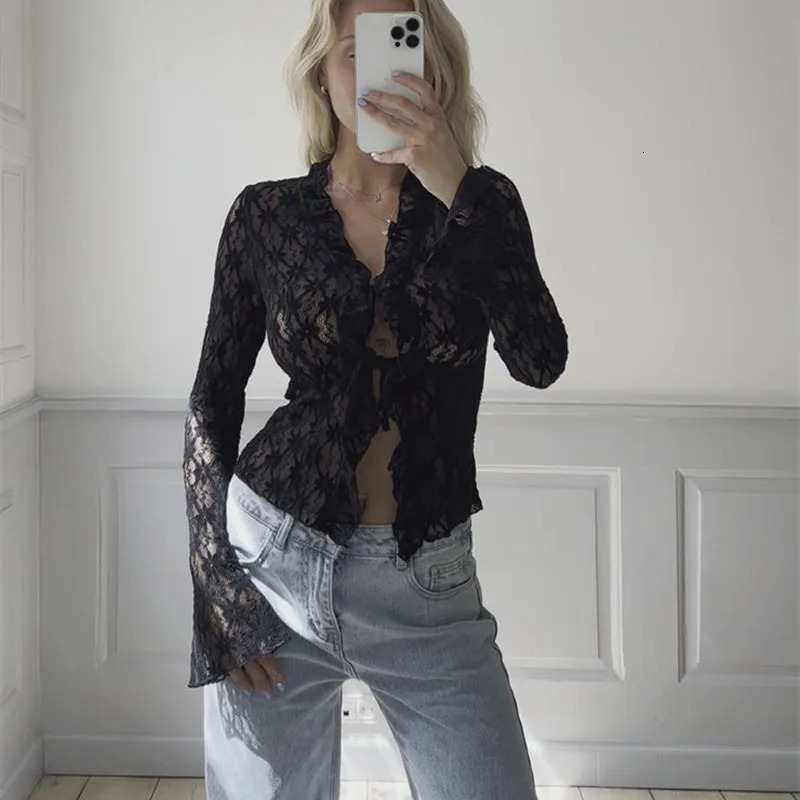 hirigin Elegant Women Summer Lace Floral Tops Flare Long Sleeve Tie Front Sheer Slim Crop Cardigan Clubwear blusa mujer moda 240409