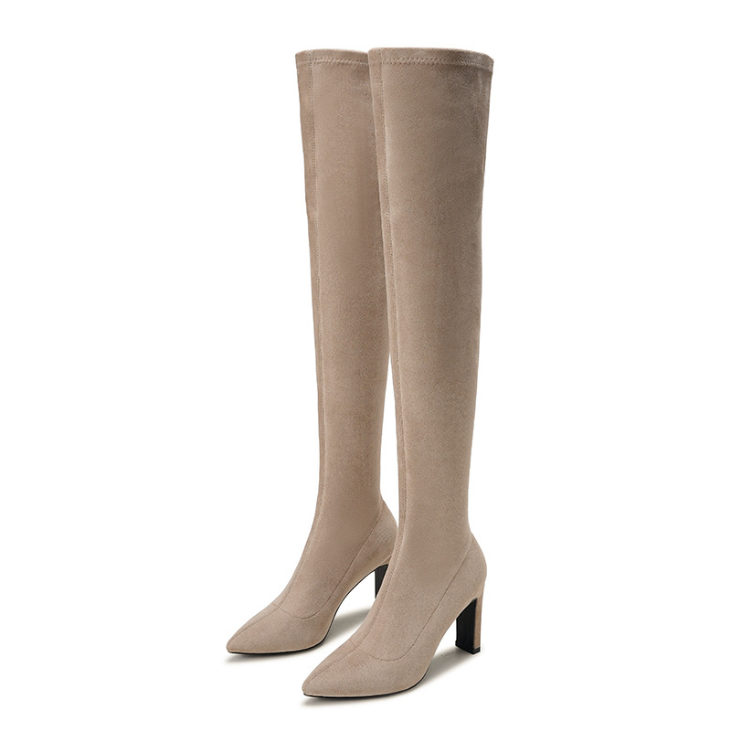 Leather Suede Knee Women Sexy Point Women's High Boots Black Beige Long Tall Shoes Ladies 2023 Autumn Winter ab09 's