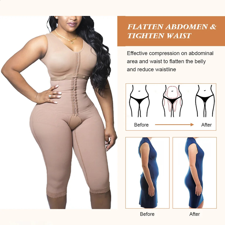 Fajas Colombians Shapewear Bodysuits Tummy Control Adjustable Hook And Eye Front Closure High Compression Knee Length Pants 241120