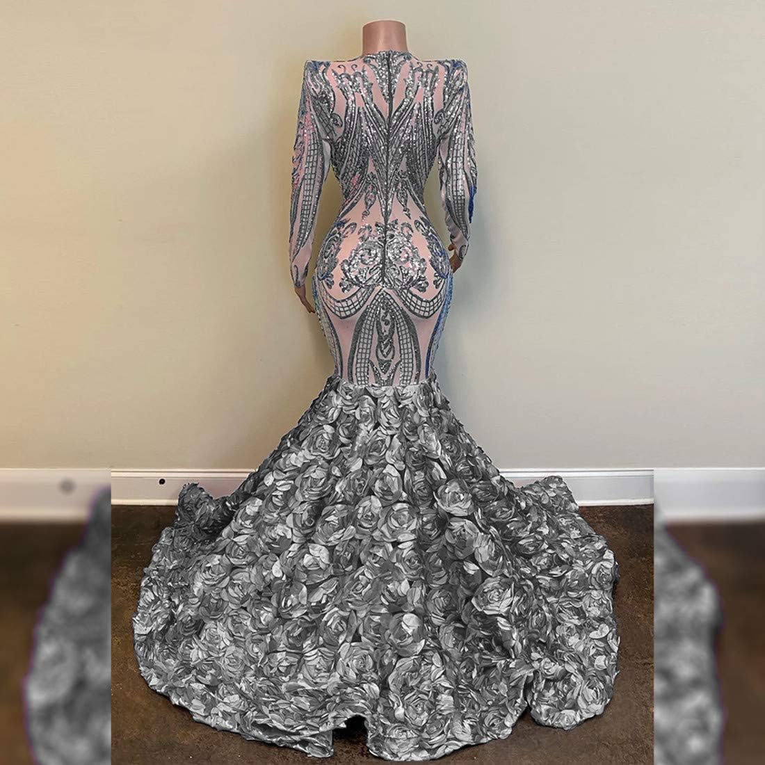 Sexy Mermaid Sequined V-Neck Prom Dresses Long Sleeve Party Dresses Champagne Flowers Sweep Train Formal Occasion Dress Evening Dresses for Women