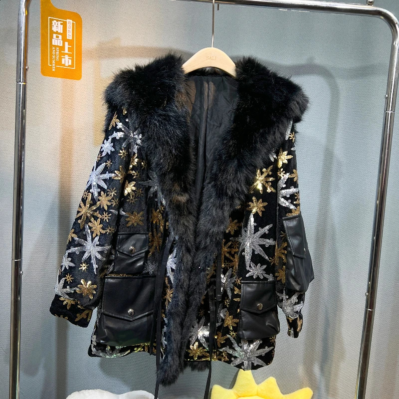 Winter Sequins Shawl Faux Woolen Coat With Big Fur Collar For Women