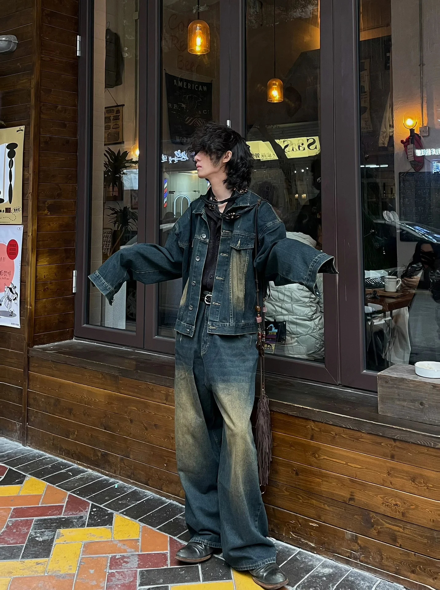 REDDACHiC Mens Denim Suit Bomber Jacket Baggy Jeans 2-piece Set Brushed Wide Leg Pants Oversize Coat Hiphop Harajuku Clothes 240412