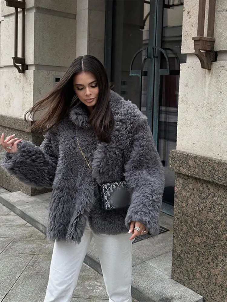 Elegant Grey Thicken Faux Fur V Neck Coat Women Fashion Long Sleeve Plush Warm Cardigan Jacket Female High Streetwear 241120