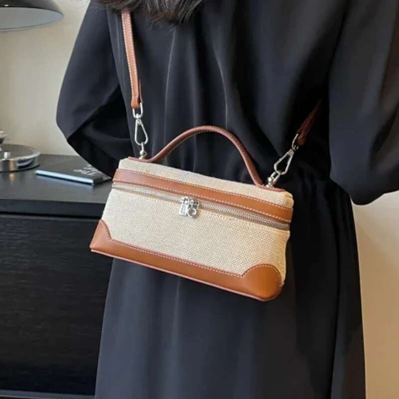 High Quality Canvas Women's Box Shoulder on Sale 2025 New Zipper Patchwork Sewing Thread Makeup Fashion Crossbody Bag
