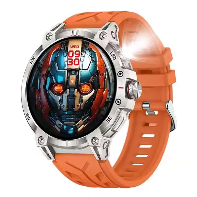 Men's Sporty Smart Watch with Built-in LED Flashlight & Compass - Fitness Tracking, Bluetooth Calls & AI Voice Assistant