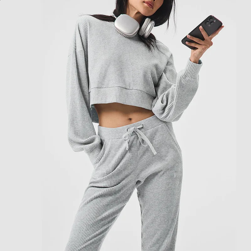 Corduroy Sweatshirts Women Tracksuit Loose Crop Top And Drawstring Sweatpants Sets Hoodie Trouser Autumn Sporty Women Suit 241105
