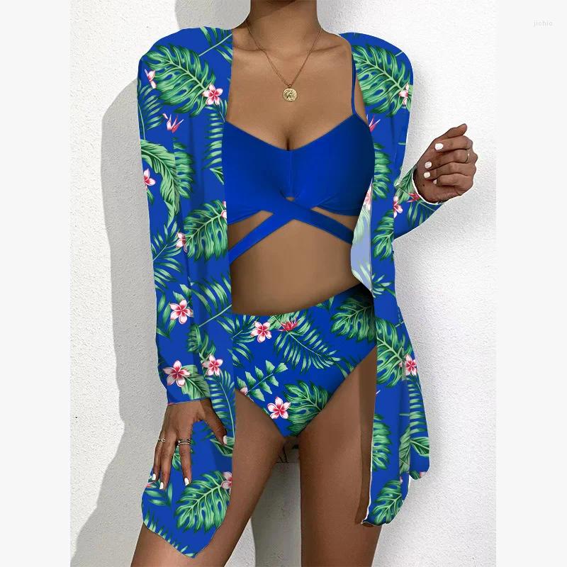 Womens Swimwear 2024 Mesh Three Piece Sunscreen Digital Print Loose Top