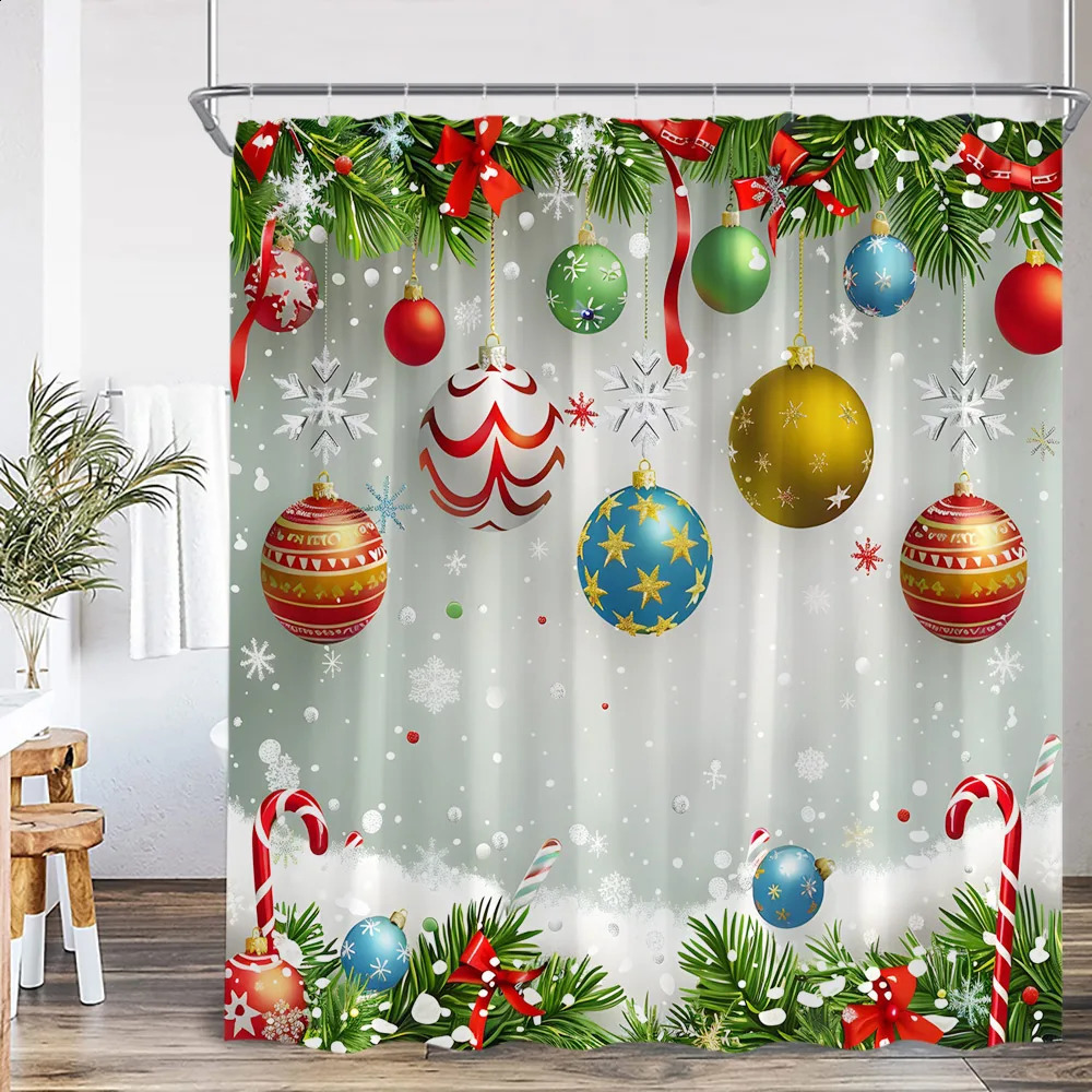 Chritsmas Shower Curtain Red Silvery Ball Xmas Balls Snowflake Pine Leaves Merry Christmas Winter Polyestert Bath Curtain Decor 241119