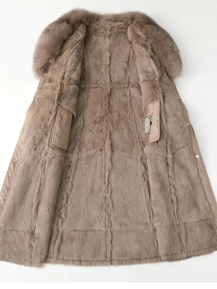Rabbit Skin Fur Warm Thick Coat Vintage Winter Medium Long womens Knee Fox Collar 241120