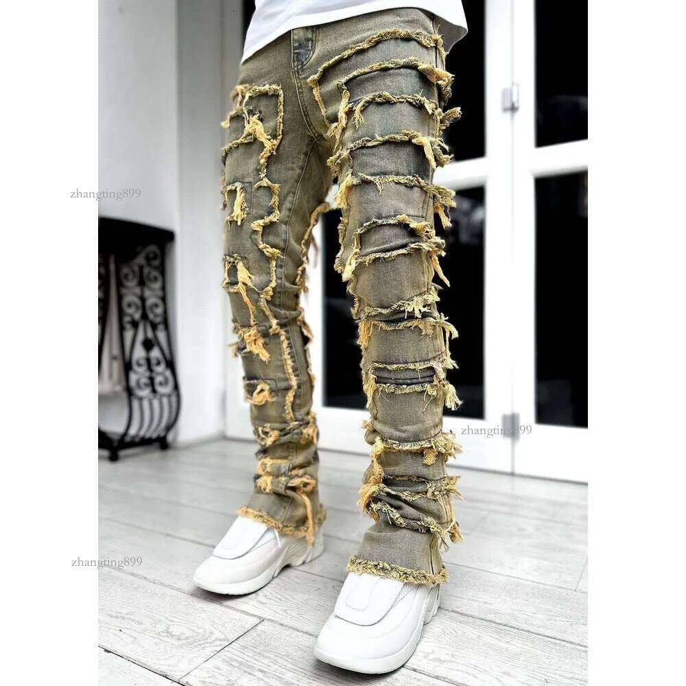 2024 New Premium Vintage Blue Stacked Jeans For Men Stretchy Raw Frayed Denim Destroyed Washed Patchworks Pants
