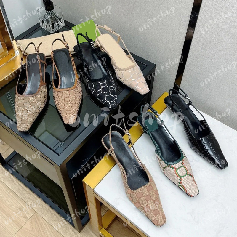 Dress Shoes Designer Slingback high heels sandal leather 7.5cm 3.5cm Black mesh with crystals sparkling Print shoes Rubber Sandals Women Ankle Strap party shoes