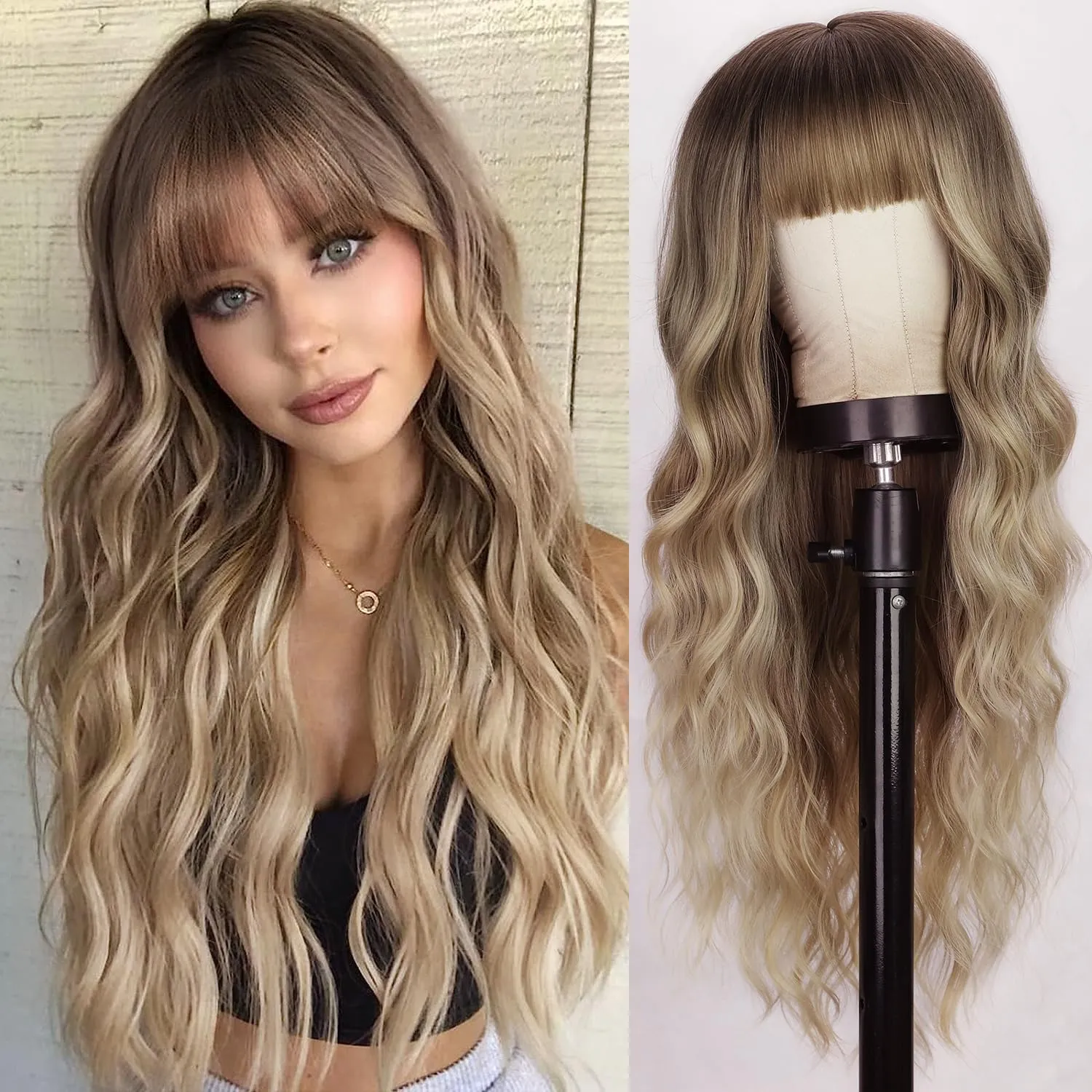 Loose 26inches Blonde Brown Large Waves Wig Full Frontal Closure Wig Omber with Bangs for Black Women Brazilian Full Bone Preplucked Hairline Cheap Wi