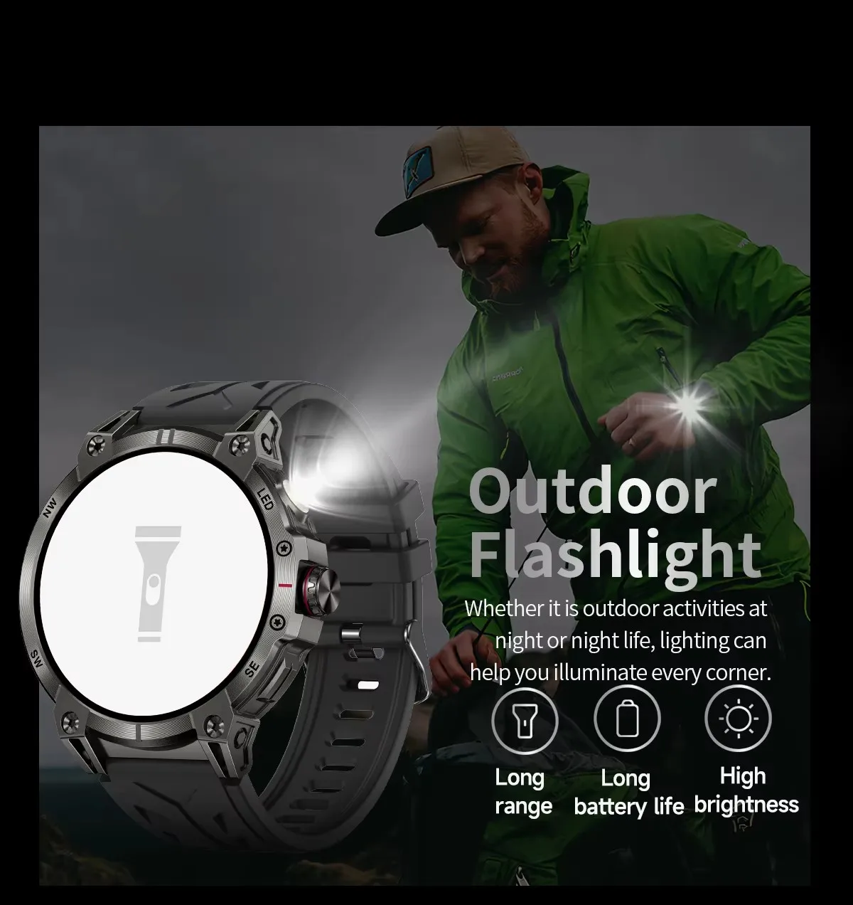 Men's Sporty Smart Watch with Built-in LED Flashlight & Compass - Fitness Tracking, Bluetooth Calls & AI Voice Assistant