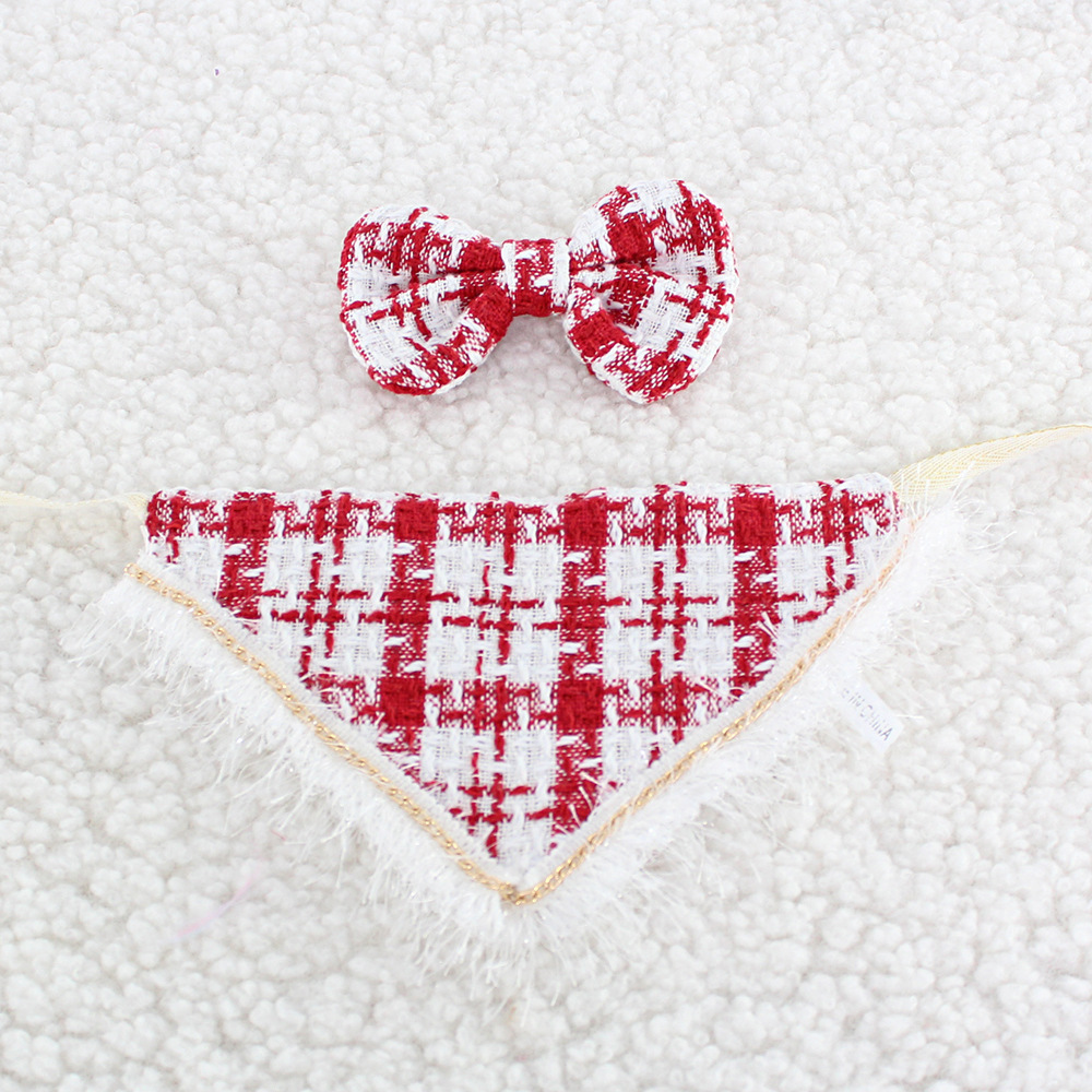 Christmas Dog Bandanas with Tassels Edges, Stylish Plaid Dog Christmas Scarf Bib, Adjustable Accessories, Luxury Bandanas for Small Medium Dogs Red E0