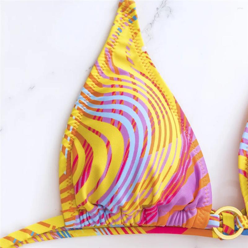 Womens Swimwear Bikini Set Sexy Geometry Striped With Kaftans Cover Up 3 Piece String Halter Swimsuit Bathing Suit Micro