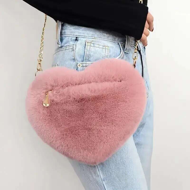 Heart Shaped Fluffy Shoulder Fashion Chain Crossbody Bag Plush Handbag Cute Zipper Purse For Valentine's Day