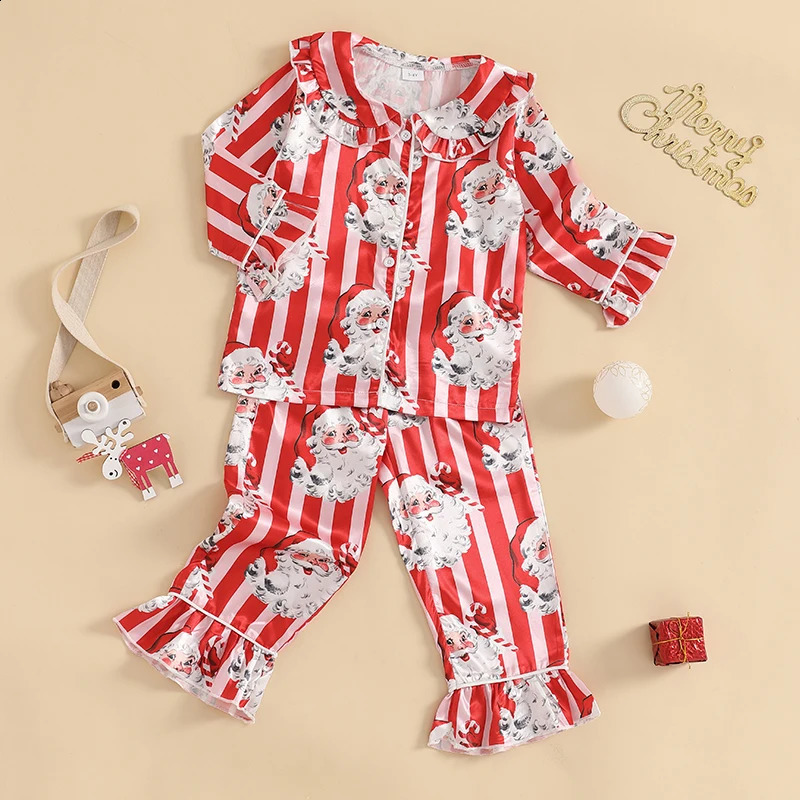 Little Girl Christmas Pajama Sets Santa Striped Doll Collar Button-up Tops Long Pant Ruffled Loungewear Set 241120