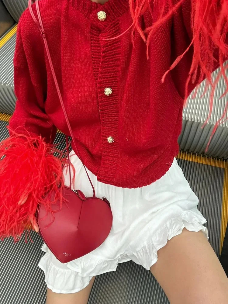 Red Fashion Spliced Feather Cuffs Knitted Cardigan Womens Casual O Neck Long Sleeve Buttons Sweater Chic Female Streetwear 241119