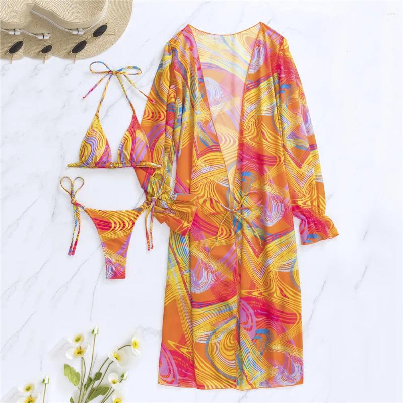 Womens Swimwear Bikini Set Sexy Geometry Striped With Kaftans Cover Up 3 Piece String Halter Swimsuit Bathing Suit Micro