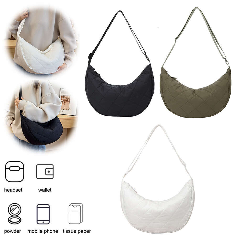 Shoulder for Women Men Quilted Padded Crescent Nylon Adjustable Strap Puffer Hobo Handbag with Zipper Dumpg Bag