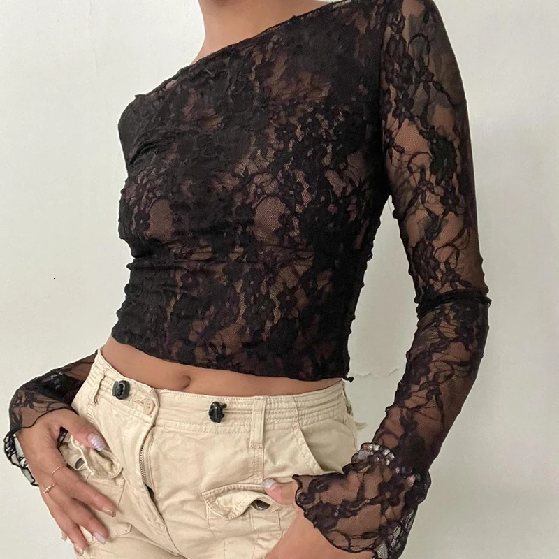Chic Women Long Sleeve T-shirt 90s Vintage Fairy Coquette Floral Lace Sheer Crop Tops Sexy See Through Tees Y2K Streetwear 240409